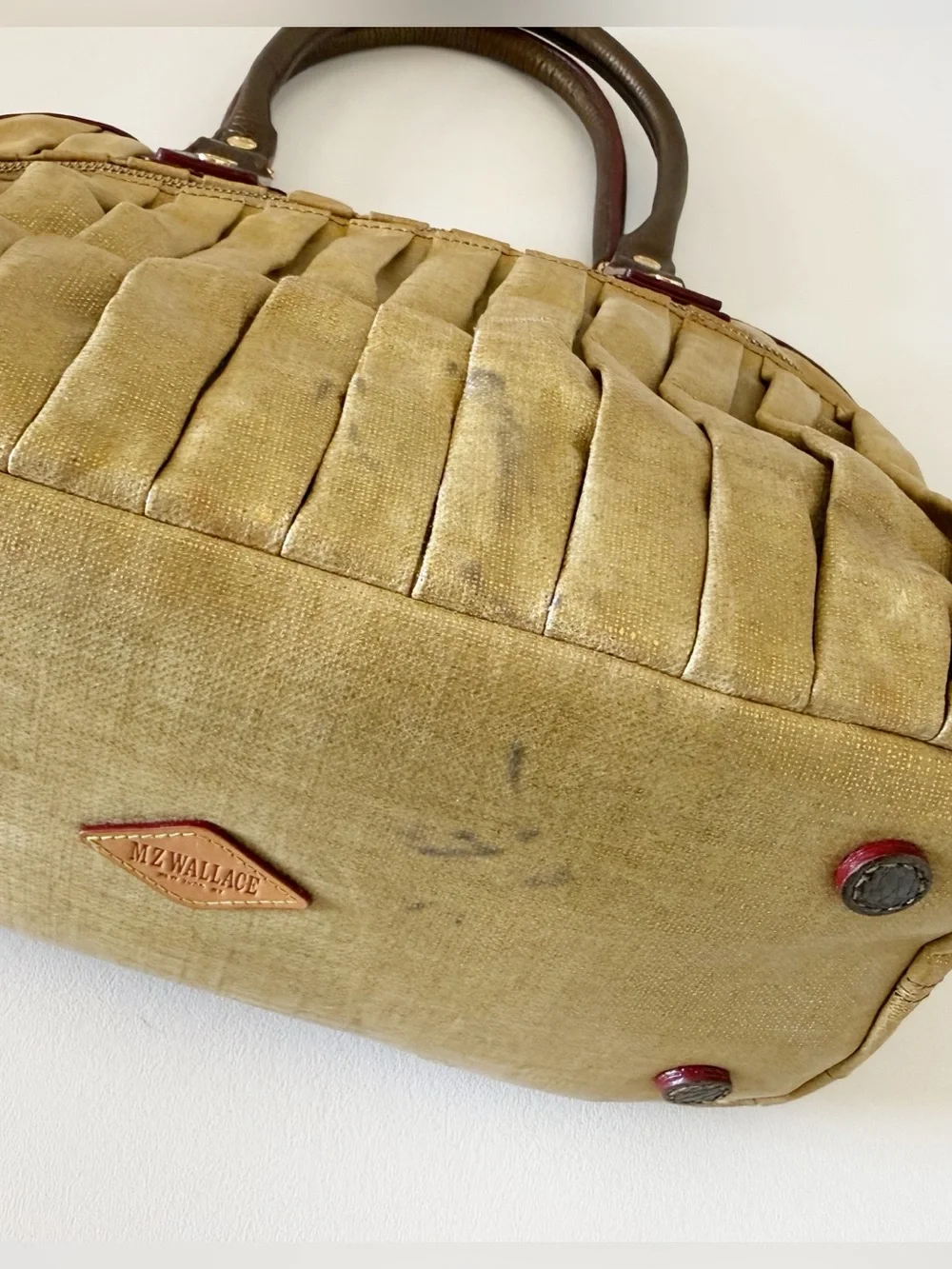 MZ Wallace Bag Bedford Bea Leather Pleated Canvas Satchel Metallic Gold - Picture 4 of 16